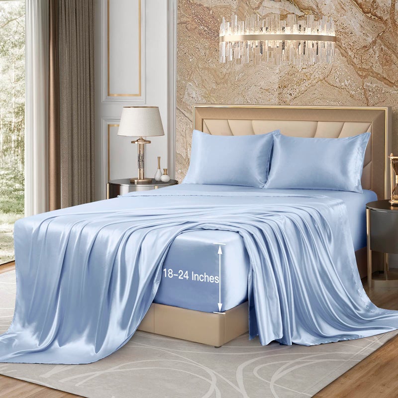 VACVELT 4pcs Extra Deep Pocket Queen Size Bedding Set  Baby Blue Luxury Satin Sheet Set Fit 18-24 Inch Deep Pocket Mattress  Soft & Ultra Deep Fitted Sheet Set - Image 4